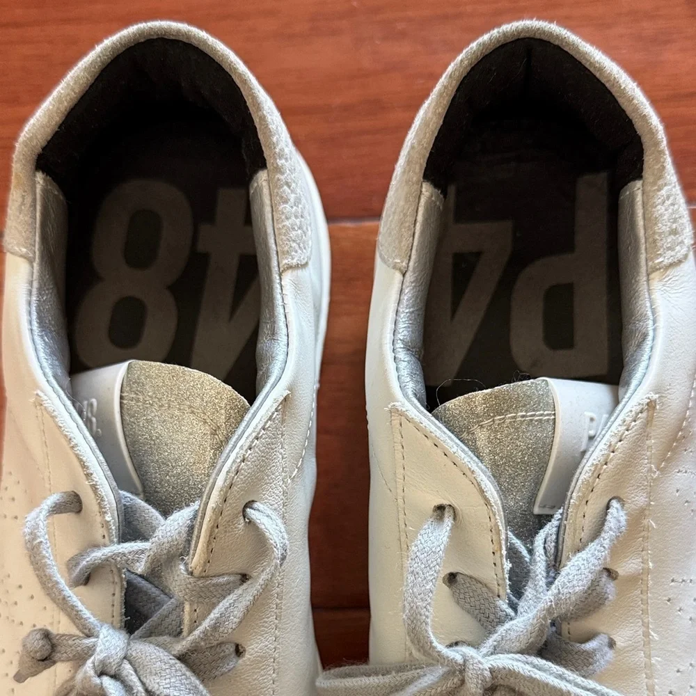 P448 John Low Top Sneakers White Leather Grey Suede Metallic Accents Size 41